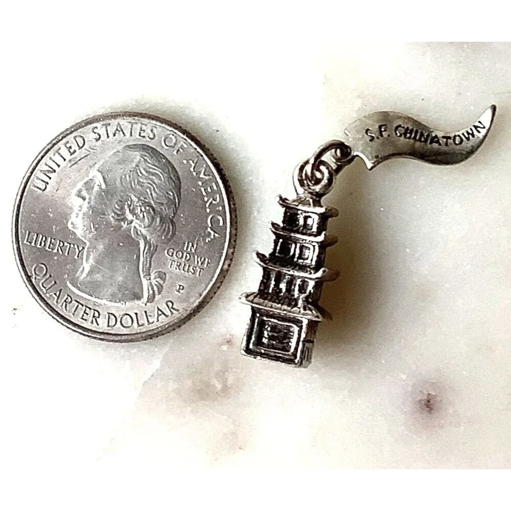 Vintage Chinatown Charm San Francisco Pagoda Nickel Silver Pendant Signed